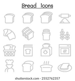 Bread, Loaf, Bakery and Pastry icon set in thin line style