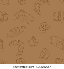 Bread, loaf, bun seamless pattern. Vector of bakery products seamless pattern. Hand drawn  bread.