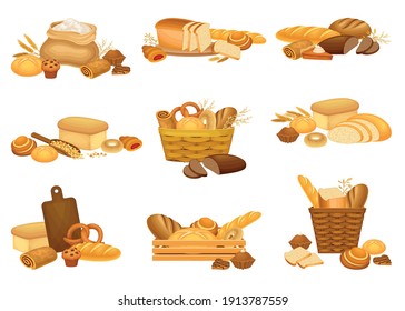 Bread Loaf and Buns as Staple Food Baked from Dough of Flour and Water Vector Composition Set