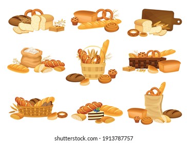 Bread Loaf and Buns as Staple Food Baked from Dough of Flour and Water Vector Composition Set