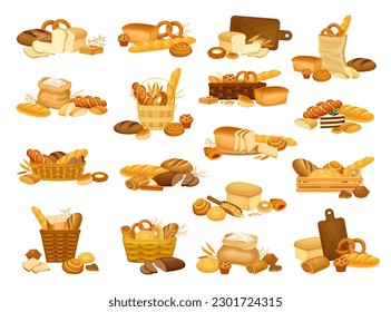 Bread Loaf and Buns as Staple Food Baked from Dough of Flour and Water Big Vector Composition Set