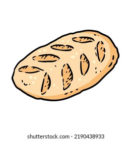 Bread loaf cartoon icon. Bakery outline comic style image. Organic ecological food vector image. Hand drawn isolated lineart illustration for prints, designs, cards.