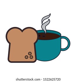 bread loaf and coffee mug icon over white background, vector illustration