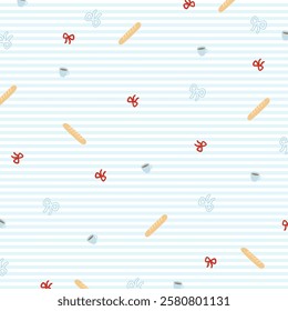 Bread loaf, coffee mug, ribbons on pastel blue stripe background for pastry, bakery, cafe, restaurant, menu, recipe, cute wallpaper, backdrop, duvet, picnic blanket, pyjamas, pattern, food packaging