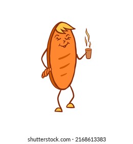 Bread. loaf of bread cute hand drawn cartoon character. Baguette character with a cup of coffee and a croissant. Doodle smiling bread characters. Isolate on white background. Children's drawing