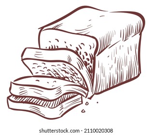 Bread loaf cutting in pieces. Sketch in engraving style
