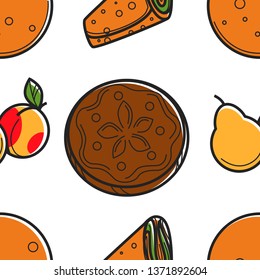 bread loaf fruit and roll Armenian food lavash or pita seamless pattern vector shawarma and pear peach and bakery product wheat dough pastry endless texture Armenia cuisine traveling and tourism