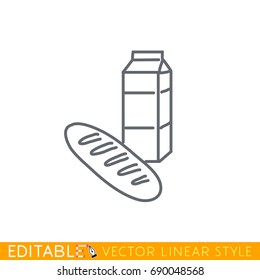 Bread loaf and a package of milk Editable line icon. Stock vector illustration.