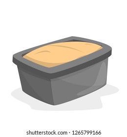 Bread loaf pan full of dough. Cooking bread at home. Kitchen tool and equipment. Isolated flat vector illustration