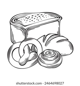 Bread loaf Pretzel and Cinnamon bun with round bread. Bakery goods, wheat and rye. Vector illustration linear, isolated. Sketch food products. Template for wrapping, cookbook, menu, showcase, website.