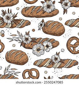 Bread loaf pretzel flower pastry seamless pattern vector on white background