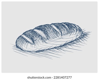 Bread loaf sketch obsolete blue style vector illustration. Old hand drawn azure engraving imitation.