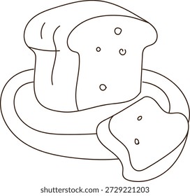 Bread loaf with slice on plate, bold contour and clean stroke detail. Symbol of breakfast, bakery, comfort food, and homemade warmth. Cartoon vector illustration.