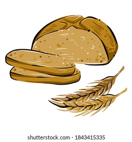 Bread loaf with two slices and wheat ears, color, vector