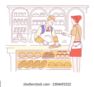 Bread loaves or baguette bakery shop vendor in apron and customer vector pastry food wheat dough product man and woman selling meal or dish cooking and culinary stall or grocery store cutting half.