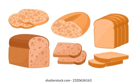 Pan de pan. Artículos de panadería de caricatura de trigo, pan de pan y pan cortado en rodajas de un conjunto de ilustración vectorial plana. Productos de panadería