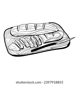 Bread loaves with knife and cutting board on white background