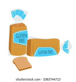 Bread loaves in plastic bags with slice of bread. Gluten free food. Isolated vector illustration