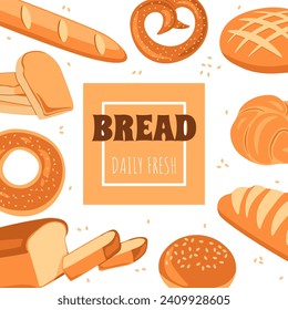 Bread logo. Bakery shop logotype. Emblem or label with wheat baguette loaf and bun. Fresh tasty pretzel and croissant menu. Frame with copy space for text. Vector cartoon flat isolated illustration