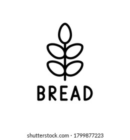 Brotlogo mit Schrift. Minimalistische Ikone des Ohrs von Weizen, Buchweizen oder Reis mit Text. Schwarze Illustration von natürlichen organischen Produkten. Lineares Emblem. Contour einzeln, Vektorgrafik, weißer Hintergrund