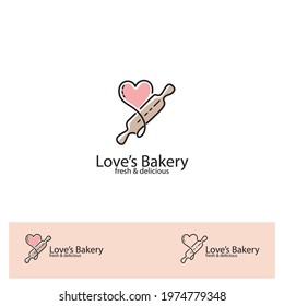 Bread logo with Rolling pin and love symbols. presenting the preferred bakery products. For a bakery logo or a bakery course