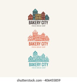 Bread logotypes. Pastry logo collection. Bakery design kit. German style houses. Vector illustration