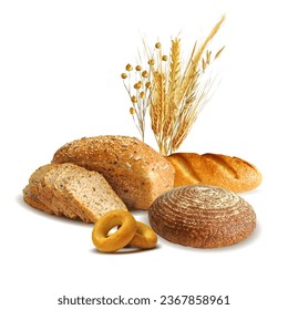 Bread low poly. Baguette on white background. Hot loaf. Yellow ripe spikelets and grains composition on white background. Delicious pastry. Vector illustration. Rye bread in triangulation technique.