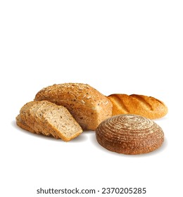 El pan es bajo. Baguette de fondo blanco. Pan caliente. Espinillas amarillas maduras y composición de granos sobre fondo blanco. Deliciosa pastelería. Ilustración vectorial. Pan de centeno en la técnica de triangulación.