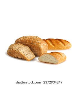 Bread low poly. Baguette on white background. Hot loaf. Yellow ripe spikelets and grains composition on white background. Delicious pastry. Vector illustration. Rye bread in triangulation technique.