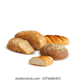 Bread low poly. Baguette on white background. Hot loaf. Yellow ripe spikelets and grains composition on white background. Delicious pastry. Vector illustration. Rye bread in triangulation technique.