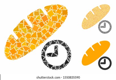 Bread lunch time mosaic of inequal parts in different sizes and color tones, based on bread lunch time icon. Vector inequal elements are grouped into collage.