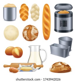 Bread machine kitchen appliance realistic set with eggs milk butter dough rolling pin baked loaf vector illustration 