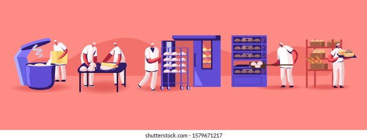 Bread Machinery Production. Industrial Process Equipment with Business Character Workers in Toques, Flour Grinding, Dough Kneading, Baking Loafs in Modern Manufacture. Cartoon Flat Vector Illustration