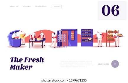 Bread Machinery Production Website Landing Page. Industrial Process with Workers Flour Grinding, Dough Kneading, Baking Loafs in Modern Manufacture Web Page Banner. Cartoon Flat Vector Illustration