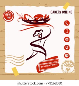 Bread made with love. Farm natural ingredient. Silhouette of baker man in chef hat holding basket with baked goods. Template logo for bakery, pastry, confectionery shop. Sketch vector illustration