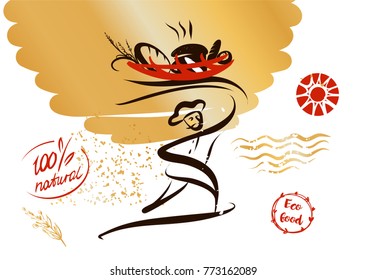 Bread made with love. Silhouette of baker man in chef hat holding basket with baked goods. Template logo for bakery, pastry, confectionery shop. Farm natural ingredient. Sketch vector illustration