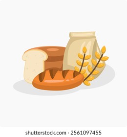 Bread made of wheat, wrapped in paper, and wheat grain elements with stalks, isolated on white background. Wheat bread vector illustration icon.