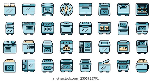 Bread maker icons set outline vector. Electric kitchen. Oven maker thin line color flat on white