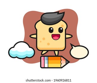 Ilustración de mascota de pan montada en un lápiz gigante, diseño de estilo lindo para camiseta, pegatina, elemento logo
