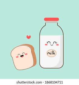 Icono de botella de pan y leche aislado en ilustración vectorial de fondo pastel. Comida de dibujos animados.