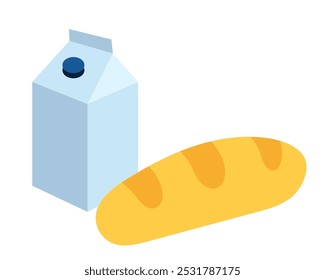 Bread and milk. A loaf and a pack of milk or drink. Color simple flat illustration.