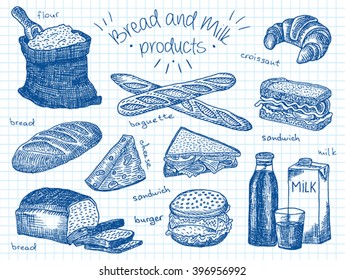 Bread and milk menu, cheese, milk, bread, burger, sandwich, croissant, loaf, flour, baguette, background