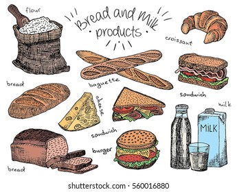 Bread and milk menu, cheese, milk, bread, burger, sandwich, croissant, loaf, flour, baguette, background