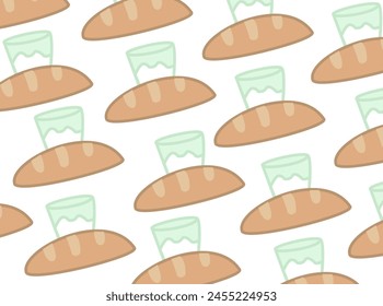 Bread and milk pattern. Hand drawn breakfast food background arts. vector illustration.