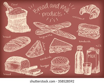 Bread and milk products, flour, bread, bread loaf, burger, milk, cheese, baguette, sandwich, croissant