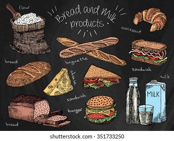 Bread And Milk Products On Chalkboard Background, Flour, Bread, Bread Loaf, Burger, Milk, Cheese, Baguette, Sandwich, Croissant