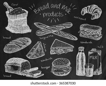 Bread and milk products on chalkboard background, flour, bread, bread loaf, burger, milk, cheese, baguette, sandwich, croissant