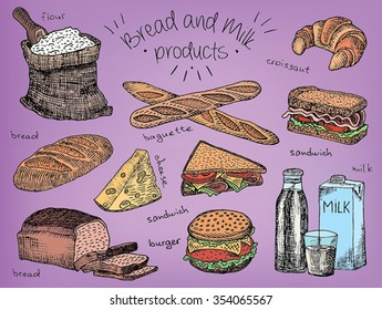 Bread and milk products on vintage background, flour, bread, bread loaf, burger, milk, cheese, baguette, sandwich, croissant