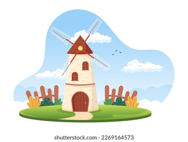 Bread Mill Illustration with Wheat Sacks, Various Breads and Windmill for Web Banner or Landing Page in Flat Cartoon Hand Drawn Templates