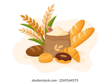 Bread Mill Illustration with Wheat Sacks, Various Breads and Windmill for Web Banner or Landing Page in Flat Cartoon Hand Drawn Templates